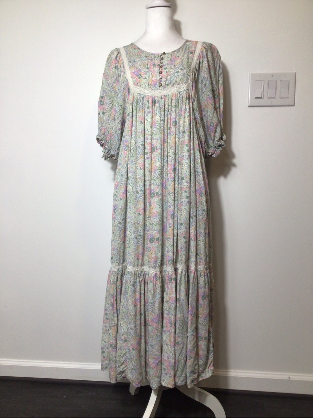 Pastel Floral Cream Blue Floral Midi Cottage Dress Lace, Ruffles, Prairie M